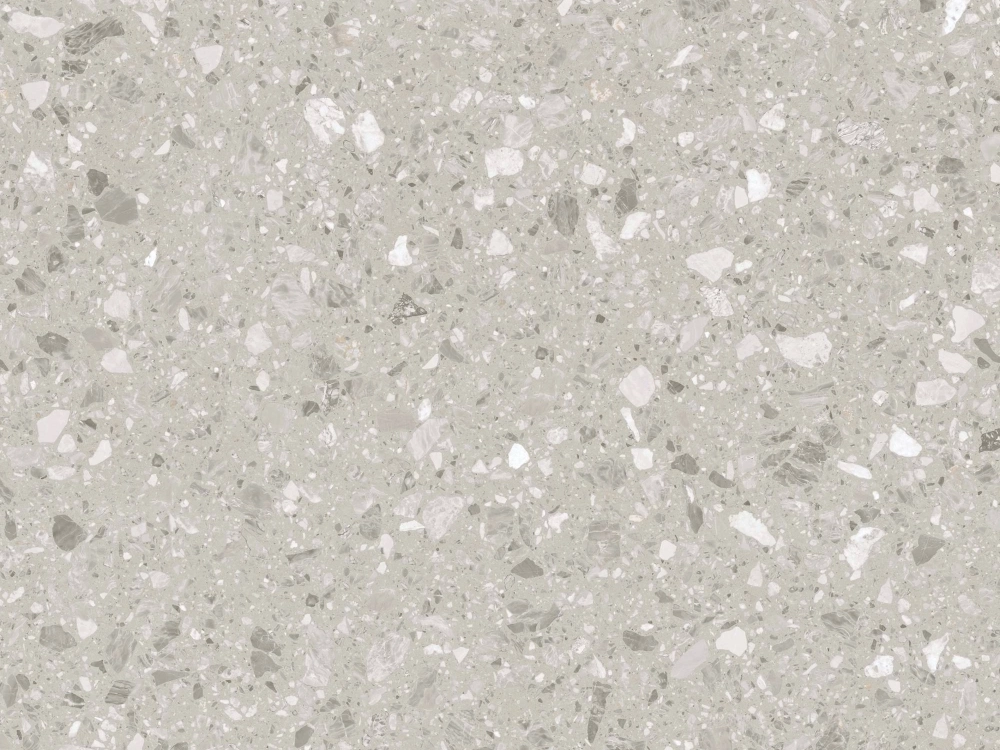 Baldosa rústica mate de terrazo gris claro para proyectos de interiores modernos en hoteles y locales comerciales.